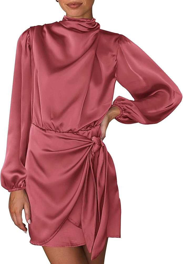 Women's Long Sleeve Satin Dress 2023 Summer Fall Mock Neck Ruched Tie Waist Silky Cocktail Party ... | Amazon (US)