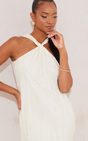 Cream Twist Neck Plisse Sleeveless Shift Dress | PrettyLittleThing US