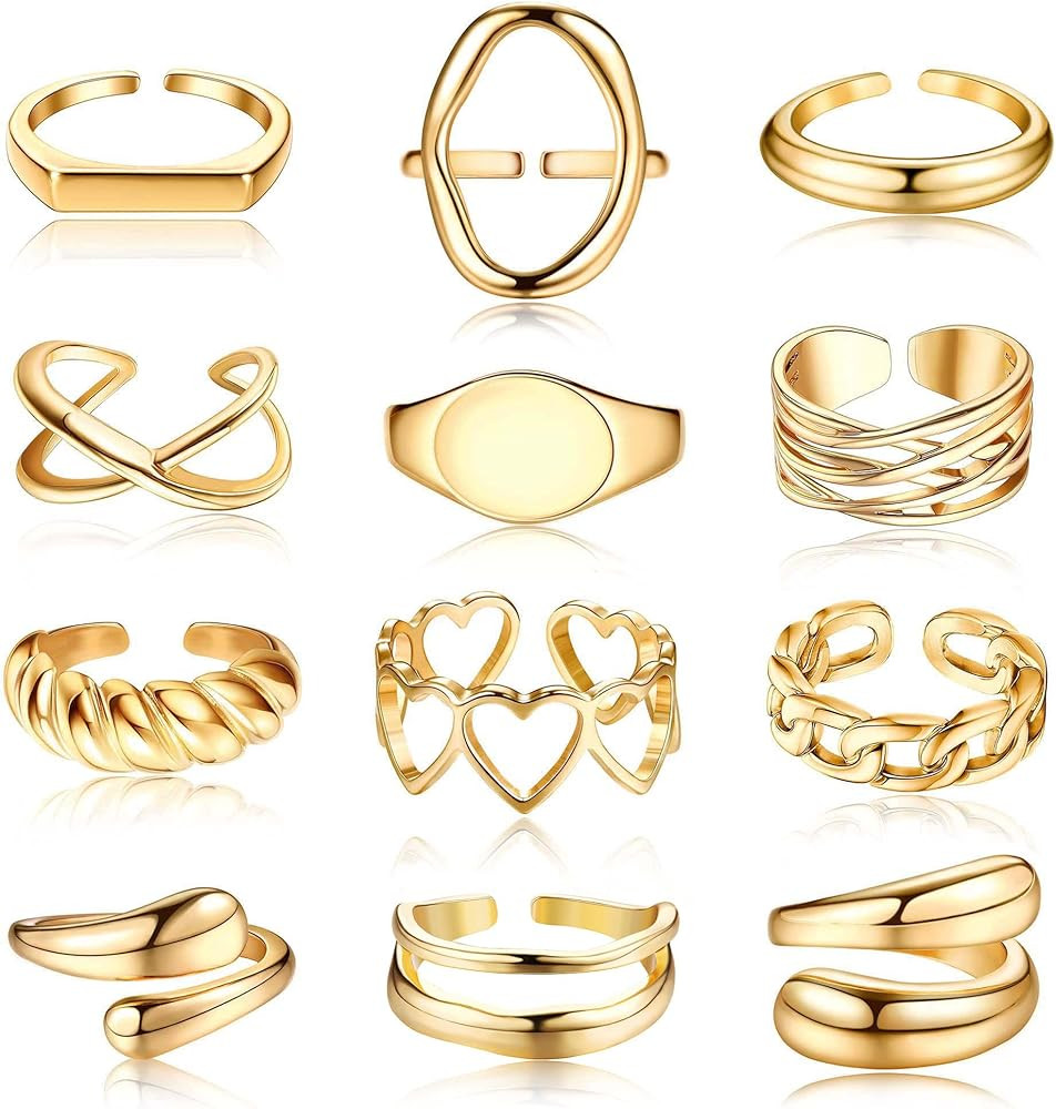 FIBO STEEL 12PCS Gold Dome Chunky Rings for Women, 18K Gold Plated Croissant, Braided Twisted, St... | Amazon (US)