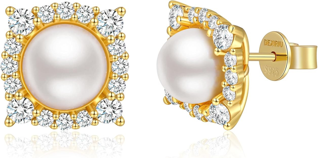 Cultured Freshwater Pearl Stud Earrings, 14K Gold Plated S925 Silver Women Pearl Stud, Gift for B... | Amazon (US)