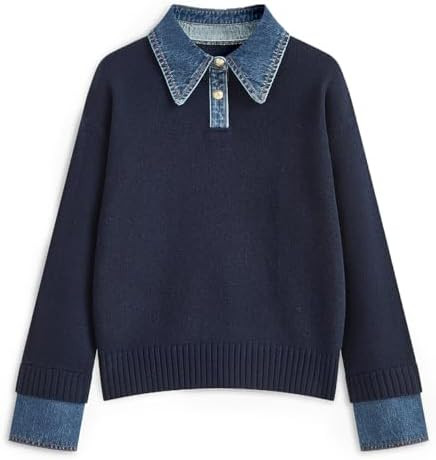 Womens Oversized Sweater Cozy Fall Denim Lapel Polo Knit Collared Sweaters | Long Sleeve Button U... | Amazon (US)