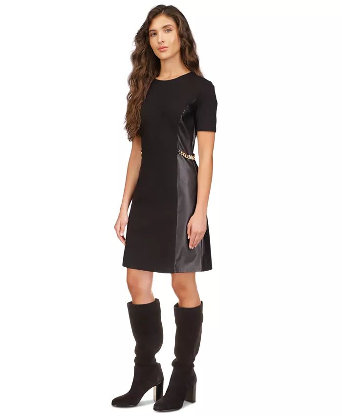 Michael Kors Women's Faux-Leather Mixed-Media Chain Dress, Regular & Petite - Macy's | Macy's