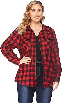 Zeagoo Womens Flannels Long/Roll Up Sleeve Plaid Shirts Cotton Check Gingham Top S-3XL | Amazon (US)