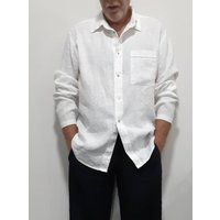 Men's White Button Down Shirt, Linen Semi-Formal Beach Wedding Spread Collar Regular Fit Clothing, L | Etsy (US)