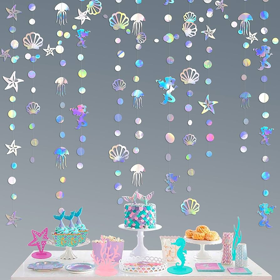 40 Ft Iridescent Mermaid Garland with Jellyfish Seashell Starfish Pearl Holographic Paper Streame... | Amazon (US)