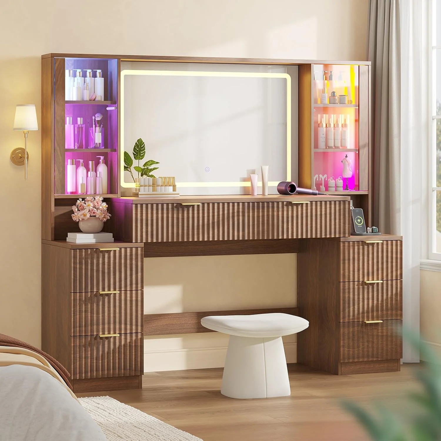 59.1" Fluted Wood Makeup Vanity Desk With Mirror And Led Lights, Large Vanity Dressing Table, 8 Drawers, 2 Glass Cabinets, With Charging Station, Oak | Wayfair North America
