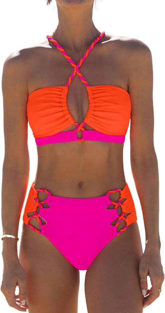 popvil Color Block Two Piece Swimsuits for Women Mid Rise Bikini Sets Cheeky Bathing Suits Criss ... | Amazon (US)