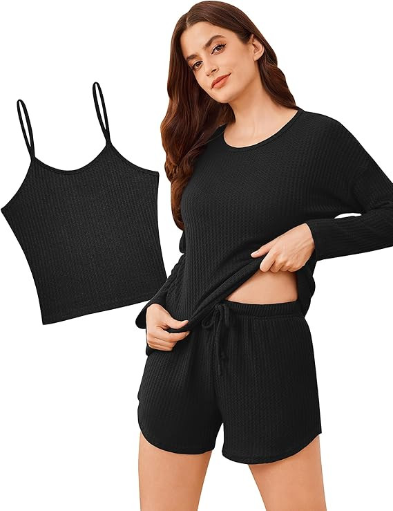 Ekouaer 3 Piece Waffle Knit Lounge Set for Women, Long Sleeve and Cami Top with Shorts Pajama Set... | Amazon (US)