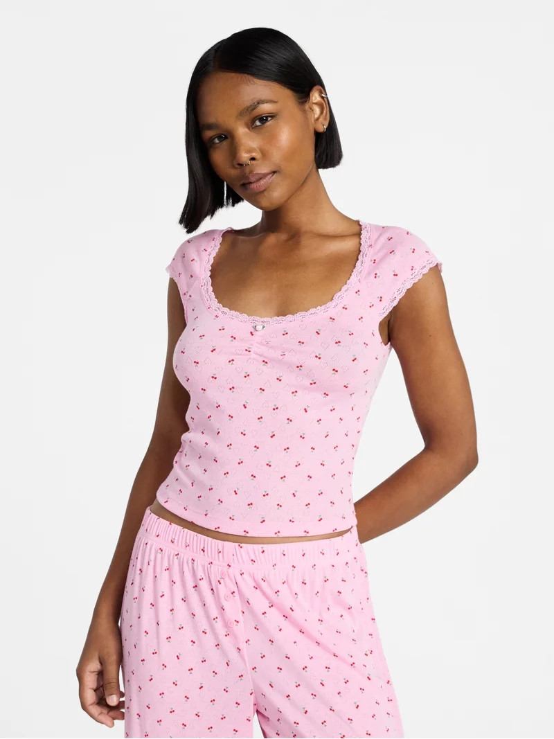 No Boundaries Sleep Pointelle Knit Baby Tee, Women’s XXS-3X | Walmart (US)