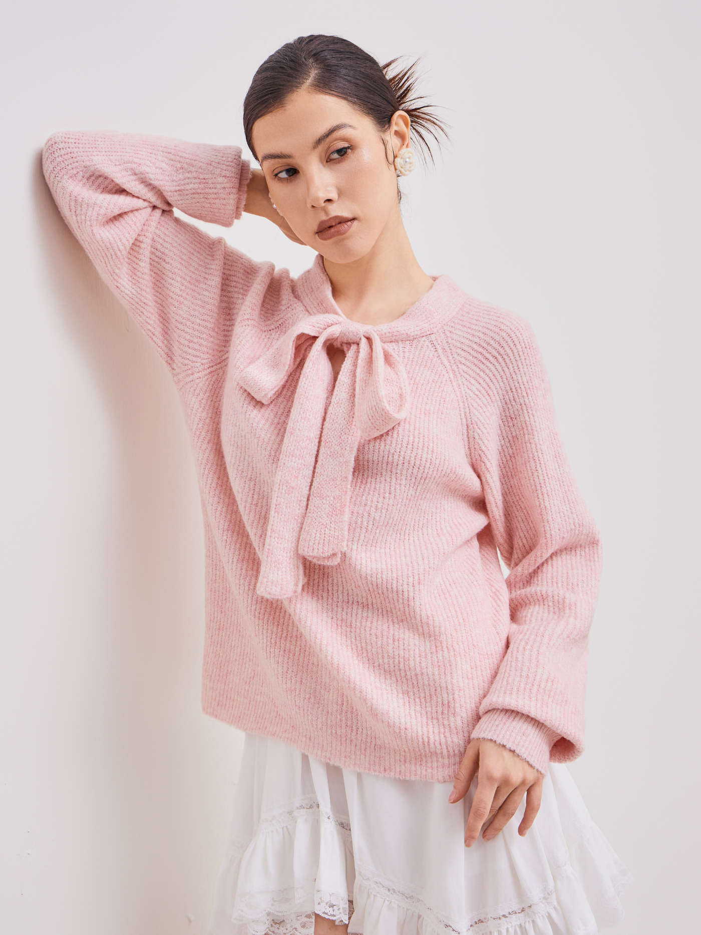 Knit Fabric Knitted Round Neckline Solid Bowknot Knotted Long Sleeve Top For Daily Casual Work | Cider