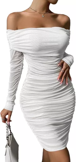  BORIFLORS Women's Sexy Ruched Bodycon Mini Dress Mesh