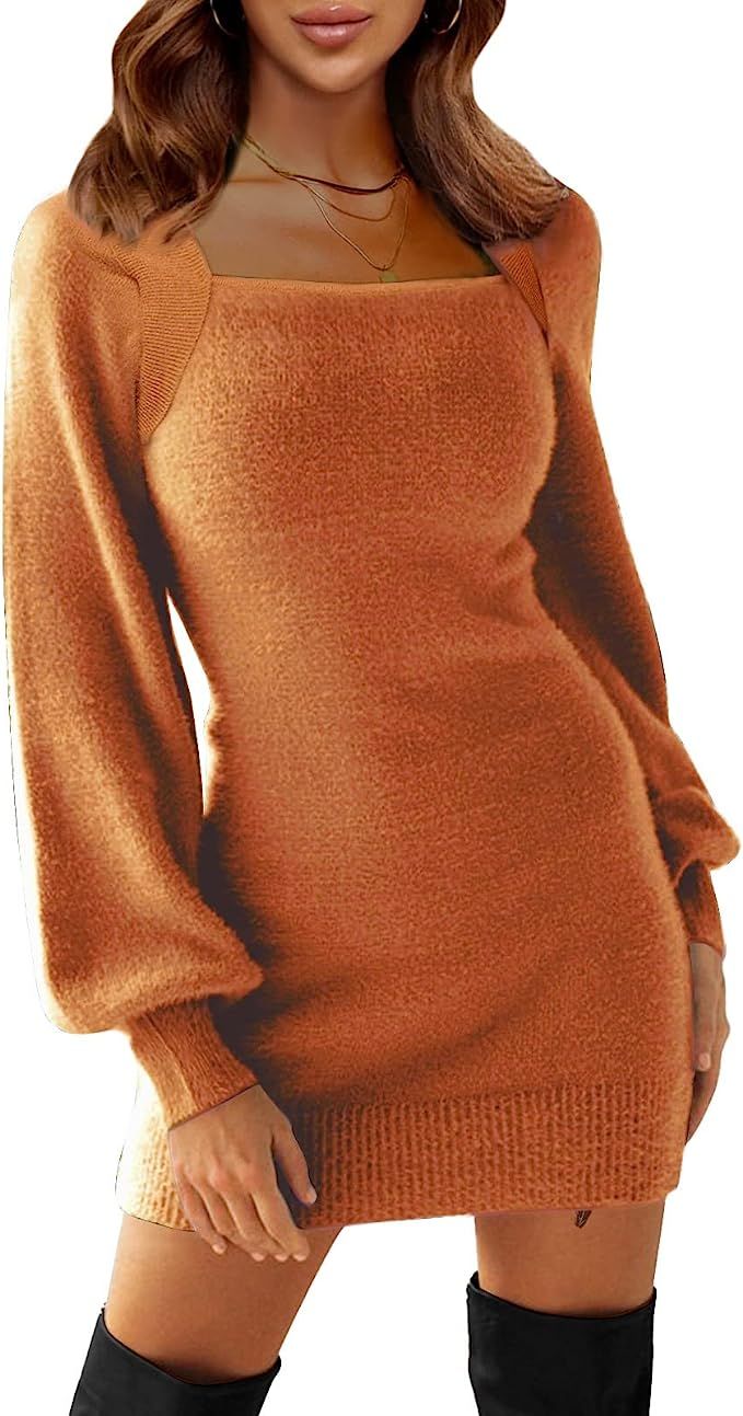 EXLURA Women's Tie Back Bodycon Sweater Dress Ribbed Knit Backless Square Neck Long Lantern Sleev... | Amazon (US)
