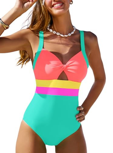 popvil Women's Neon One Piece Swimsuit, Tummy Control Retro Bow Front Bathing Suit, Adjustable Strap Color Block Swimwear,Medium | Amazon (US)