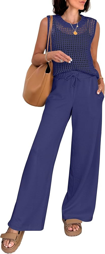 ANRABESS Women 2 Piece Summer Outfits 2026 Crochet Sweater Vest Wide Leg Pants Lounge Matching Se... | Amazon (US)