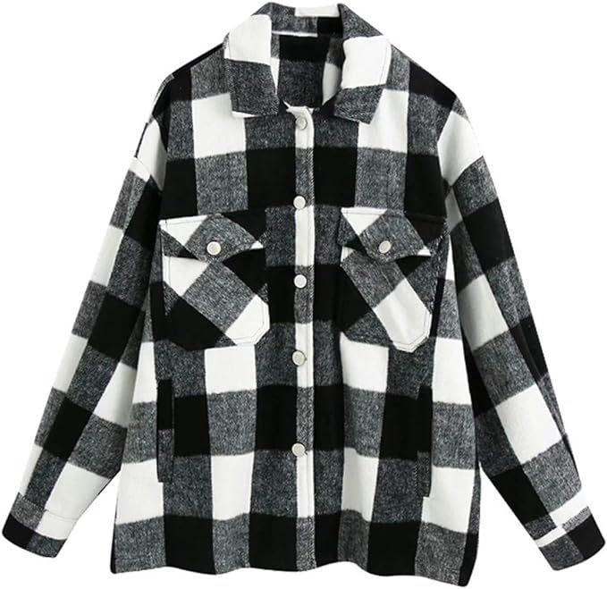 Women's Oversized Casual Plaid Wool Blend Button Down Long Sleeve Shacket Jacket | Amazon (US)