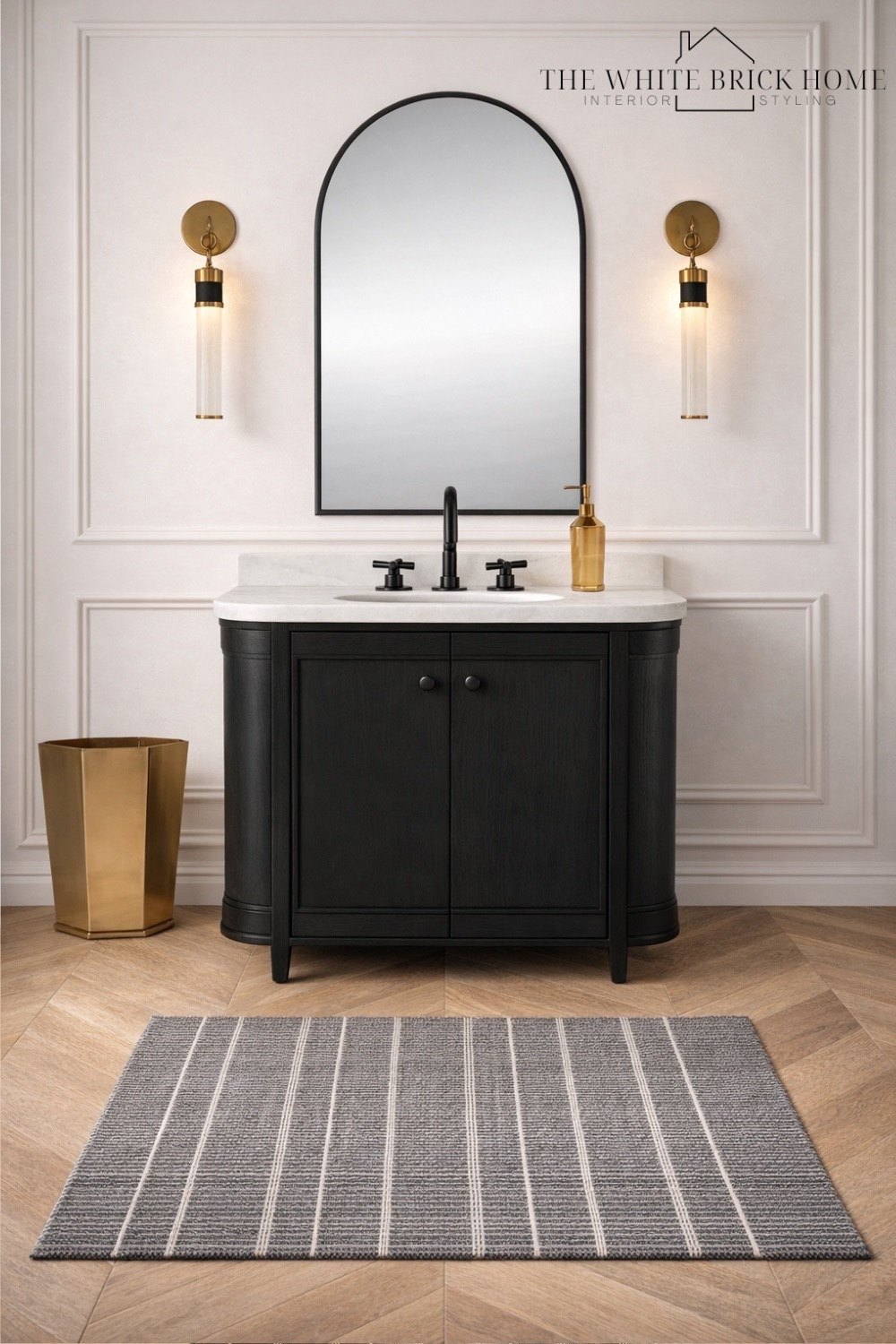 This trash can and soap dispenser are beautiful finds from Target tha help mae this black and brass bathroom moment feel luxe. 
🖤🖤
Bath, bathroom, powder room, bathroom design, bathroom decor, bathroom vanity, bathroom accessories, bathroom lighting, bathroom ideas, area rug, wall sconce, bathroom sconce, bathroom decor ideas, home design, bathroom design, target, target home finds, target bathroom decor, wayfair, rejuvenation 


#LTKSaleAlert #LTKHome #LTKSeasonal