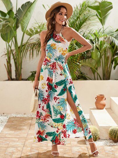 Tropical Print Split Thigh Belted Halter Dress | SHEIN