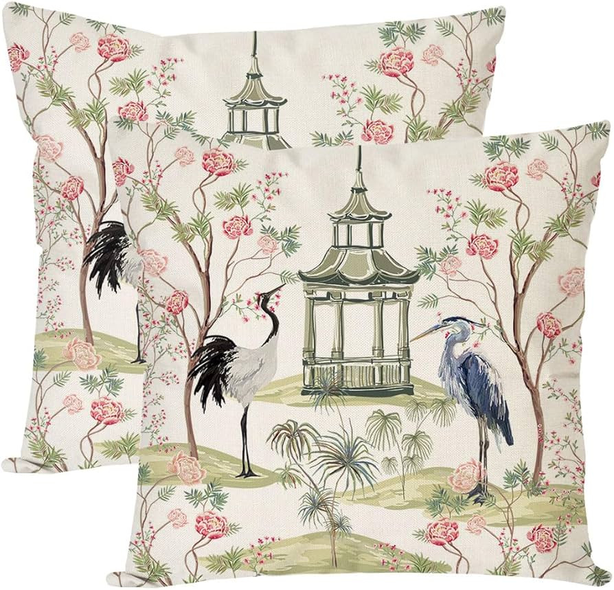 PANDICORN Chinoiserie Throw Pillow Covers 20x20 Inch Set of 2 Pagoda Crane Pink Green Vintage Out... | Amazon (US)