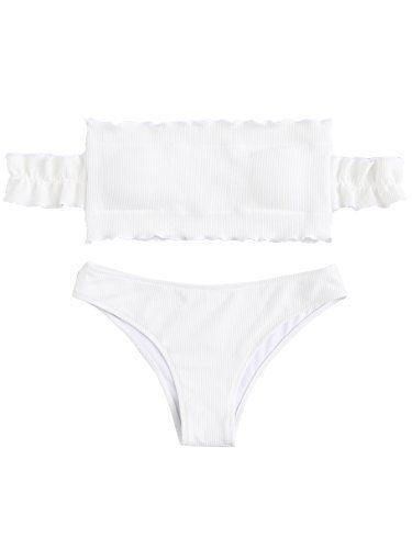 SweatyRocks Women's Sexy Bikini Set Solid Color Off Shoulder Bandeau Two Piece Swimsuit White S | Amazon (US)