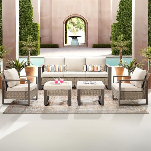 Joyside Patio Wicker Furniture 5 Pieces Set Outdoor Conversation Set with a 3-Seater Sofa, 2 Rattan Chairs and 2 Outdoor Ottomans for Garden Backyard Porch Deck | Amazon (US)