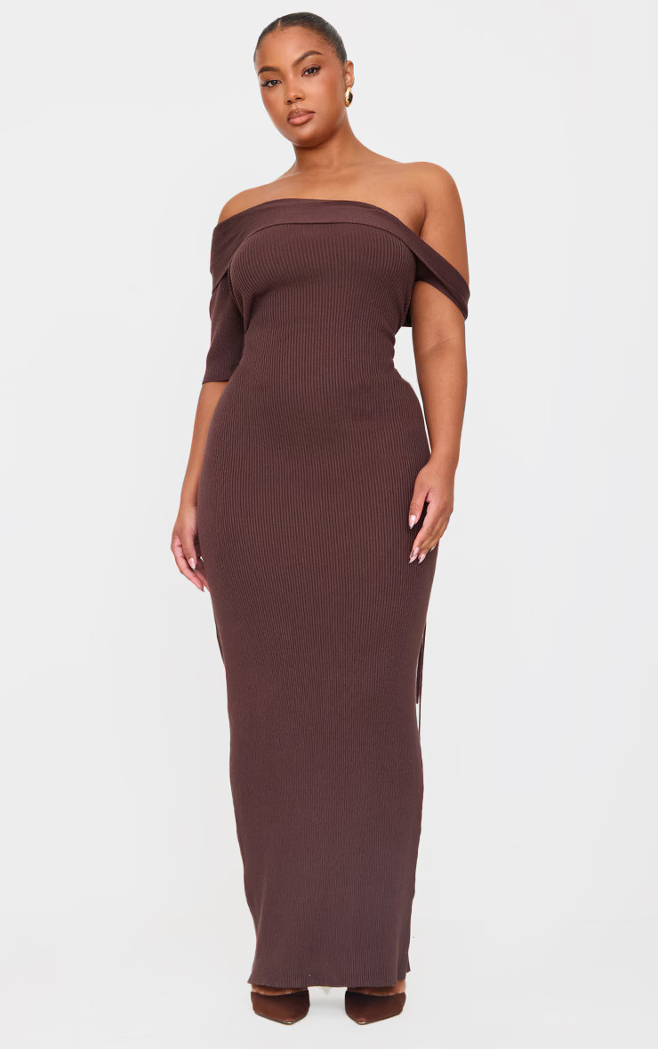 Plus Chocolate Rib Knit Asymmetric Neck Ruched Side Maxi Dress | PrettyLittleThing UK