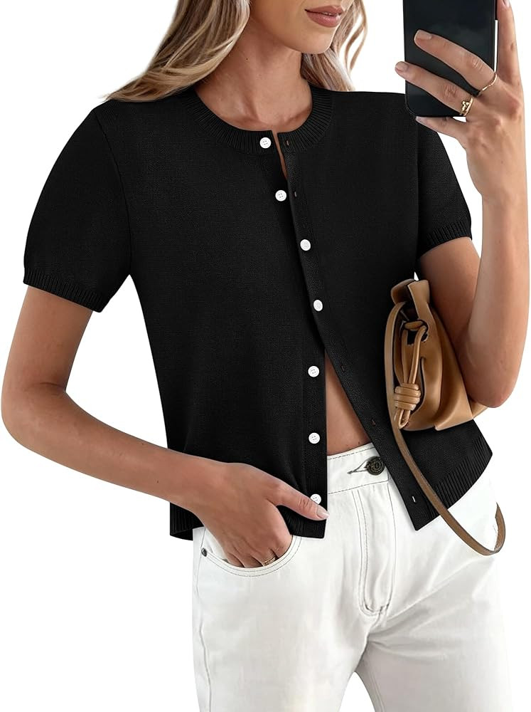 Womens Short Sleeve Cardigan Button Up Lightweight Summer Spring Cute Trendy Thin Cropped Knit Ca... | Amazon (US)