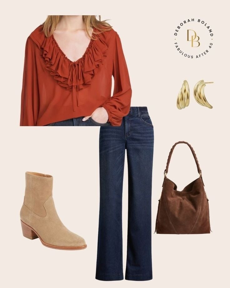 Fall’s chicest pairing 🍂✨ A ruffle blouse styled with high-waist wide leg jeans and sleek booties strikes the perfect balance of polished and effortless. Feminine details meet modern denim for a look that’s classy, flattering, and fall-ready. #FallStyle #ClassyAndChic #EffortlessOutfits 

#LTKSeasonal #LTKStyleTip #LTKOver40
