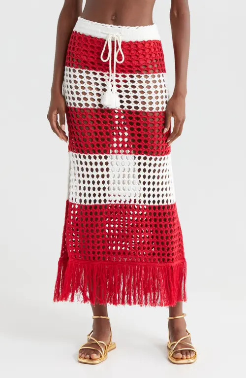 FARM Rio Red Stripes Crochet Cotton Cover-Up Maxi Skirt at Nordstrom, Size Small | Nordstrom