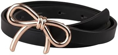 Womens Leather Belt Gold Bow Skinny Belt for Dresses Dress Jeans Ladies Thin Waist Belt for Pants | Amazon (US)