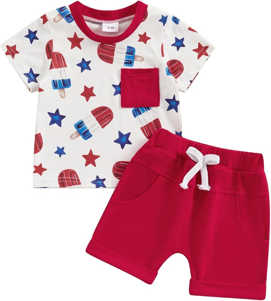 Madjtlqy Baby Boy 4th of July Outfit USA Letter Print Short Sleeve T-Shirt Stripe Star Shorts Set... | Amazon (US)