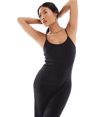 Vero Moda Petite soft ribbed cami ankle dress in black melange - part of a set | ASOS (Global)