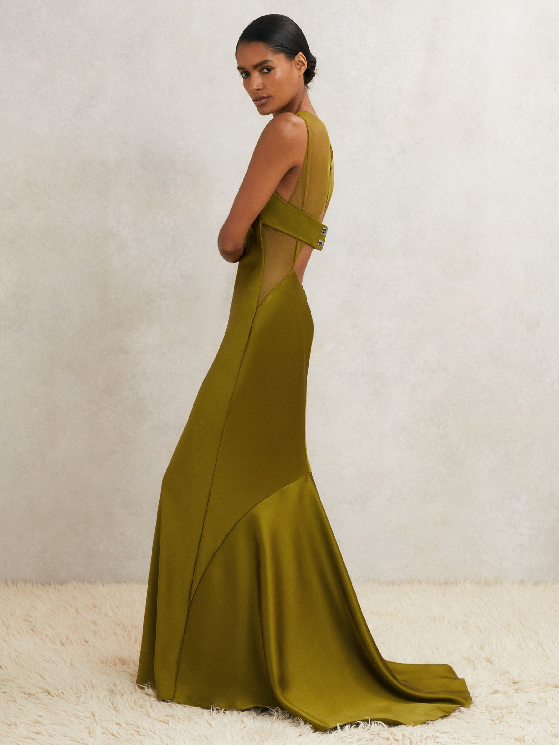 Reiss Atelier Satin Sheer-Panel Maxi Dress in Green - REISS | Reiss UK