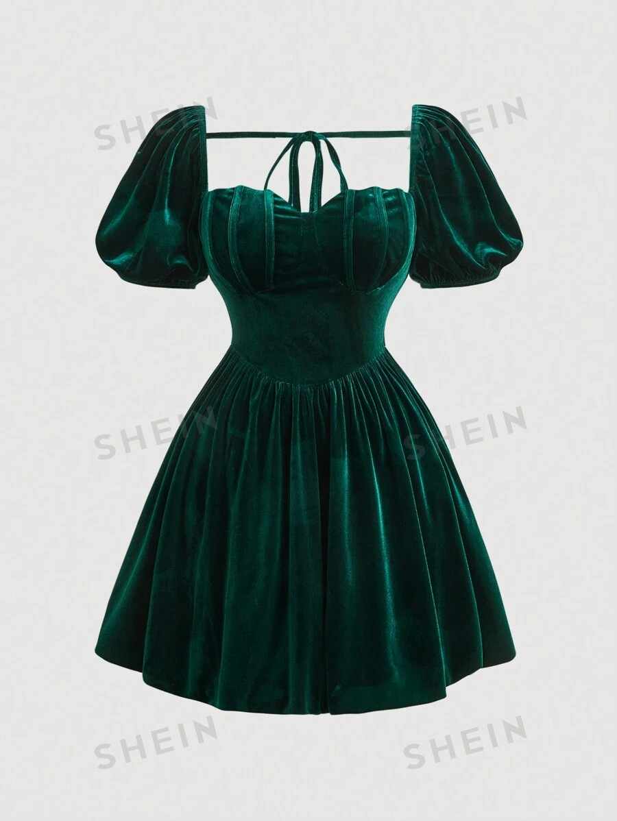 SHEIN MOD Plus Size Vintage Sweet Floral Puff Sleeve Dress, For Christmas, Winter | SHEIN