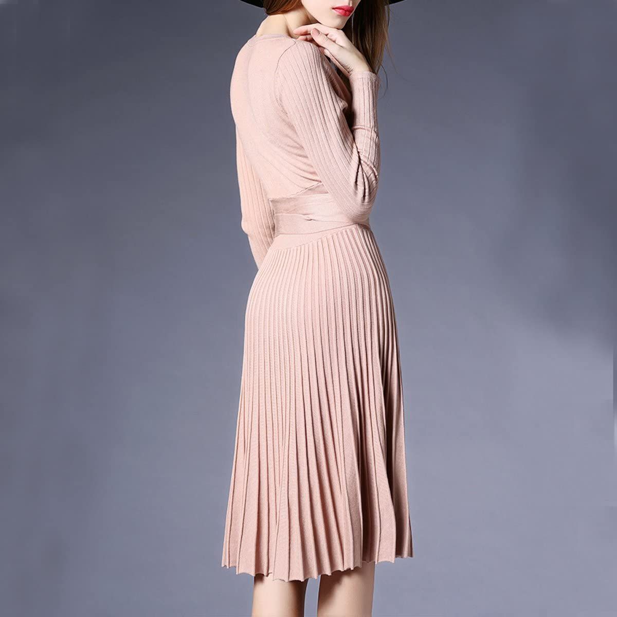R.Vivimos Women's Autumn Long Sleeve V Neck Elegant Knitted Slim Knee-Length A-Line Sweater Dress | Amazon (US)