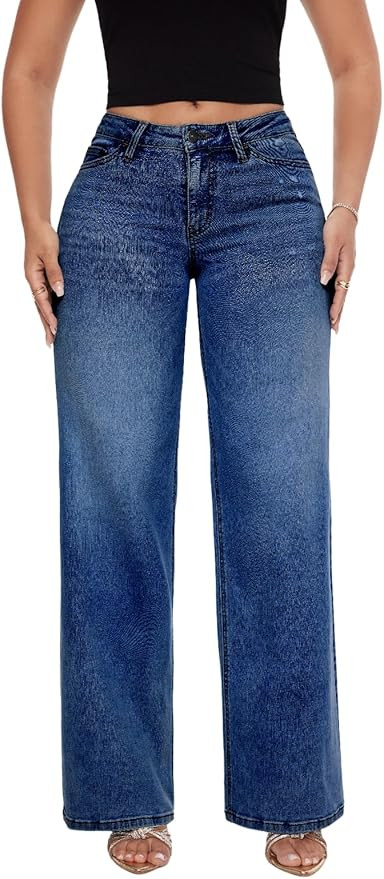 ONESO Mid-Low Rise Baggy Jeans Wide Leg for Women Distressed Pants Stretchy Bottom Lady Basic Com... | Amazon (US)