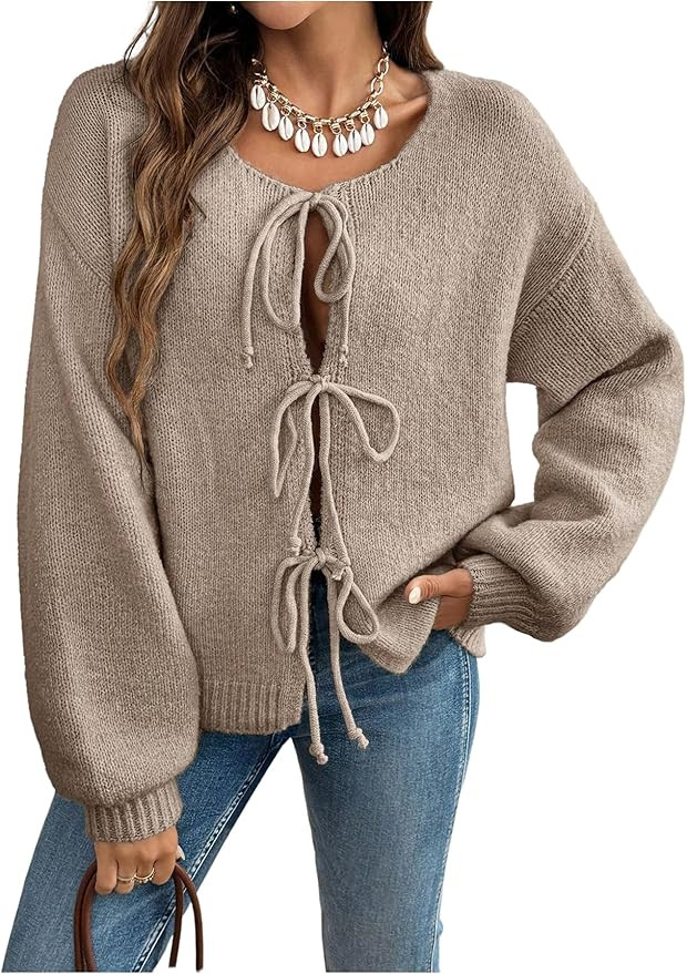 WDIRARA Women's Tie Front Crewneck Knit Cardigan Long Sleeve Drop Shoulder Sweater       
       ... | Amazon (US)