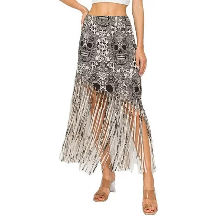 EUNANARA Women’s Asymmetrical Fringe Skirts High Waisted Elastic Waist Printed Boho Stretch Casual Midi Skirt Made In USA UX9000VC L | Walmart (US)