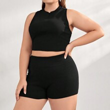 Plus Size Black pcsSet Short Zippered Stand Collar Cropped Top And High Elasticity Shorts | SHEIN