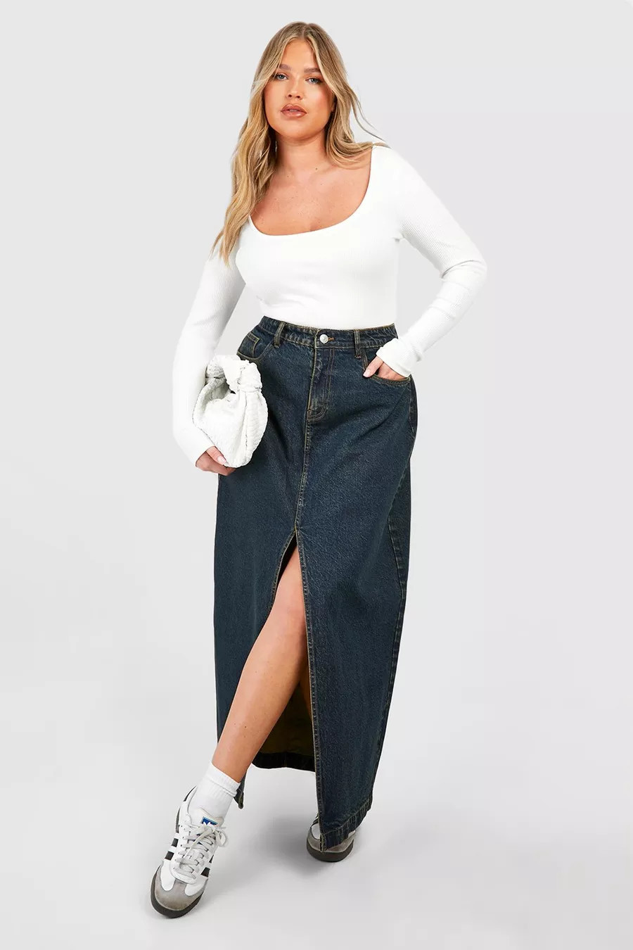 Plus Basic Split Front Denim Maxi Skirt | boohoo (US & Canada)
