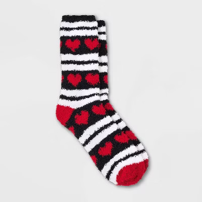 Women's Hearts and Stripes Valentine's Day Cozy Crew Socks - Black/Red 4-10 | Target