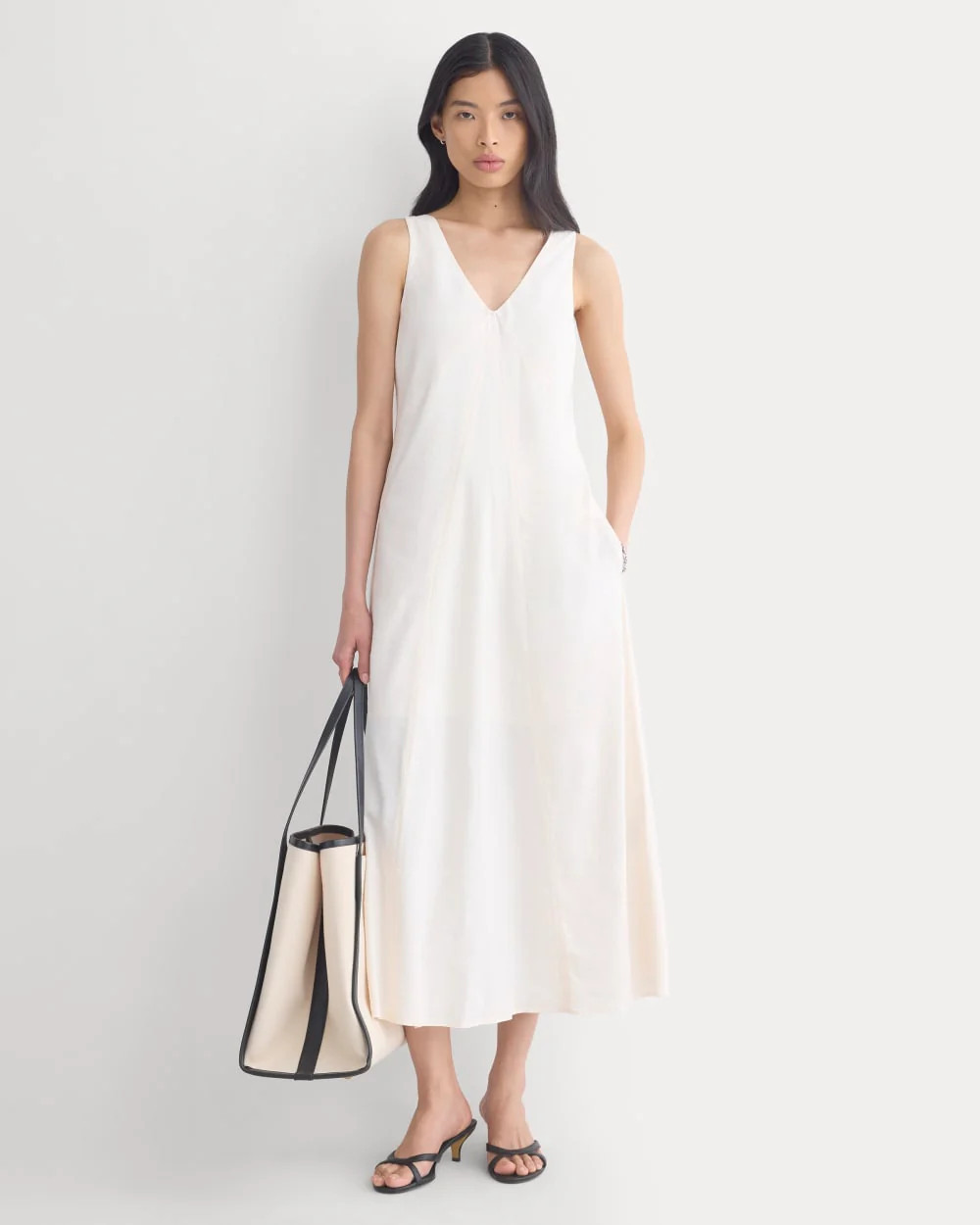 Everlane Deep V Seamed Dress, Stretch Linen, Bone, Size 12, Viscose/Linen | Everlane