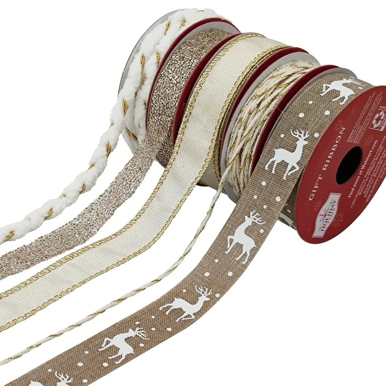 Assorted Beige and Gold Christmas Metallic Ribbon and Trim, 9', 5 Count, by Holiday Time | Walmart (US)