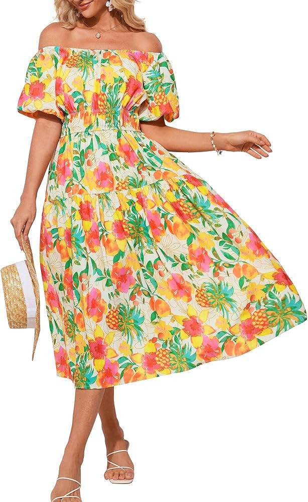 GRACE KARIN Womens 2025 Summer Dress Off Shoulder Floral Dress Puff Sleeve Smocked Boho Beach Mid... | Amazon (US)
