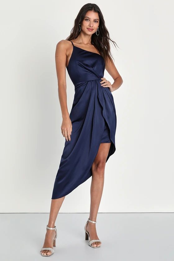 Law of Attraction Navy Blue One-Shoulder Asymmetrical Midi Dress | Lulus