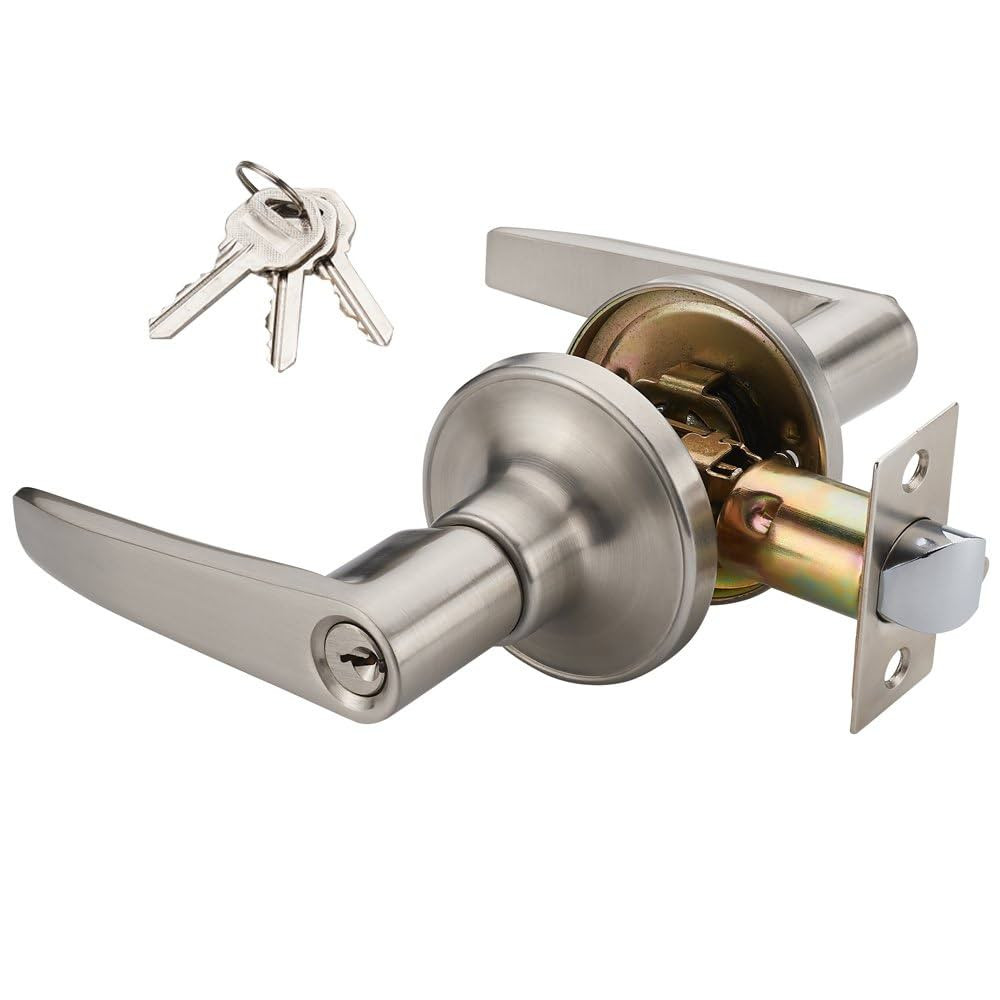 1 Pack of MANREN Lever Keyed Entry Door Lever Handle Lock, Universal Door Knob Hardware,Nickel Br... | Amazon (US)