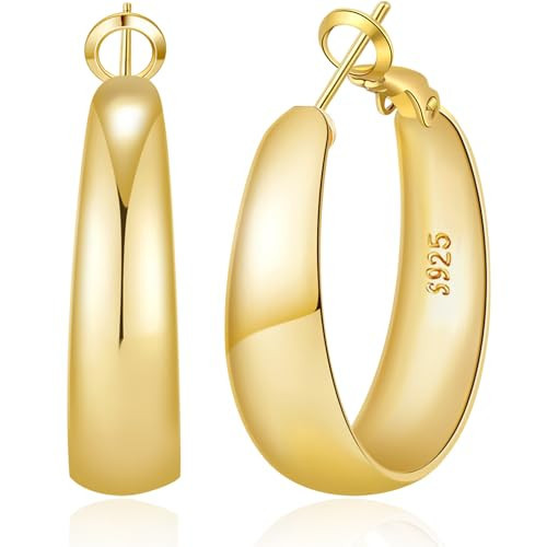 MOYUXI 8mm Tapered Design Thick Large Gold Hoop Earrings for Women Hypoallergenic S925 Post 14K Golden Plated Chunky Hoops Non Tarnish Lightweight Big Thick Gold Hoop Earrings | Amazon (US)