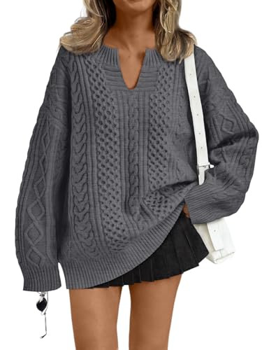 Trendy Queen V Neck Oversized Cable Knit Sweaters for Women Trendy 2025 Fall Fashion Outfits Clot... | Amazon (US)