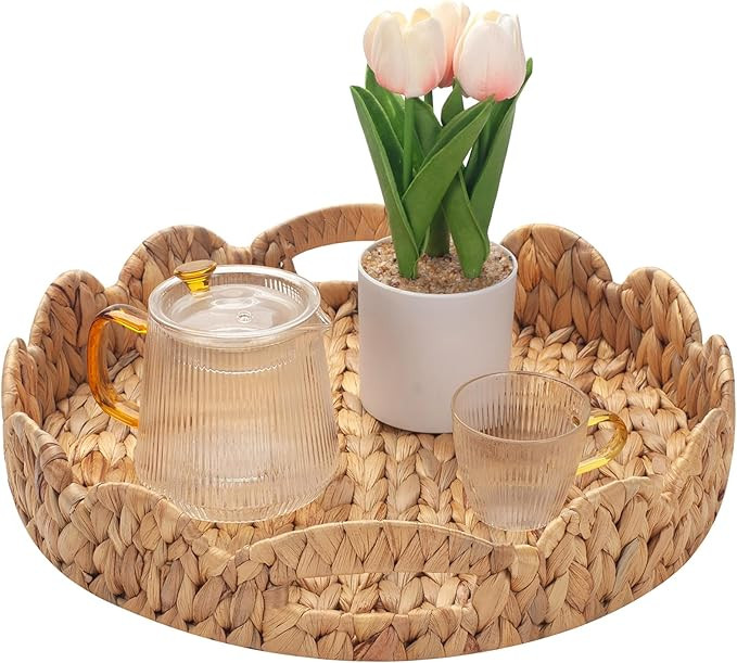 Yangqihome Round Scalloped Serving Tray, 14 inch Decorative Water Hyacinth Scalloped Basket with ... | Amazon (US)