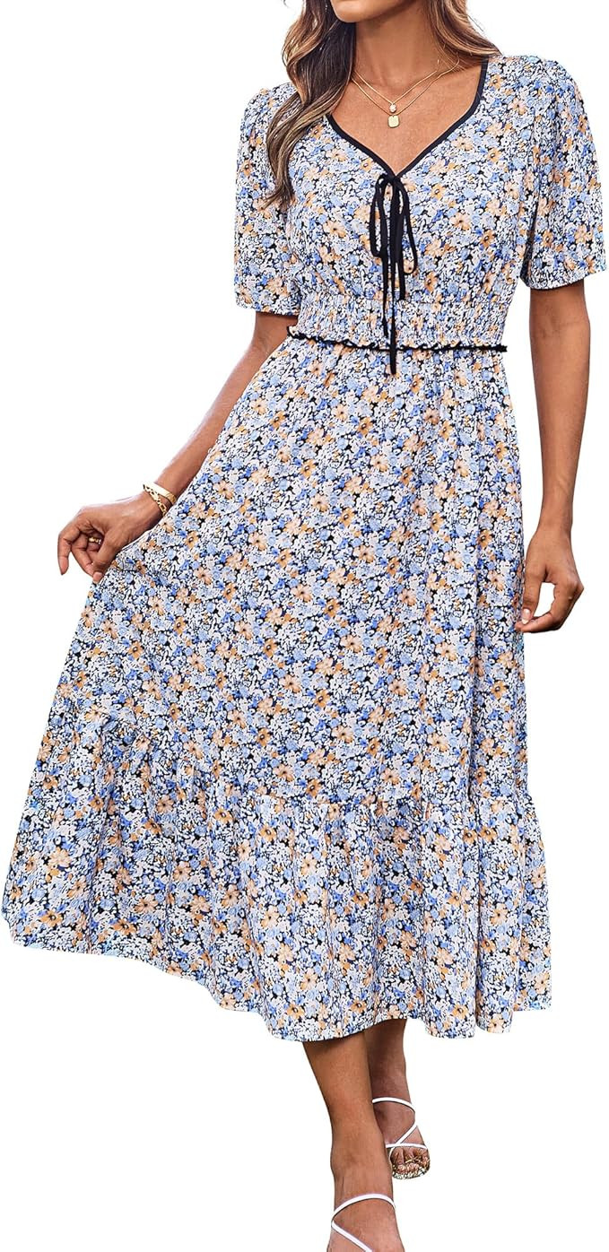 GRACE KARIN 2025 Women's Summer Floral Flowy A Line Midi Dresses Elegant Short Sleeve Smocked V-N... | Amazon (US)