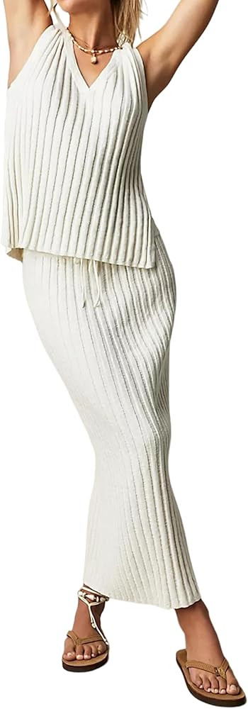 SCUSTY Women's 2 Piece Sweater Skirt Sets Sleeveless V Neck Knit Ribbed Vest Tops Midi Skirt | Amazon (US)